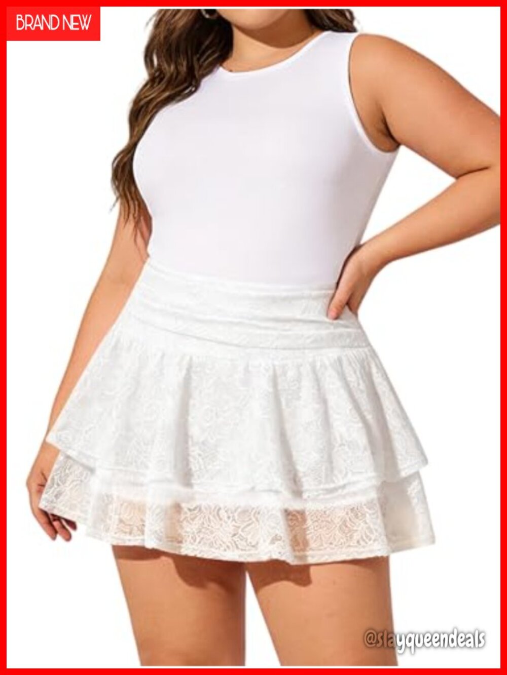 Plus Size Lace Mini Skirt High Waisted Stretchy Skort with Pockets